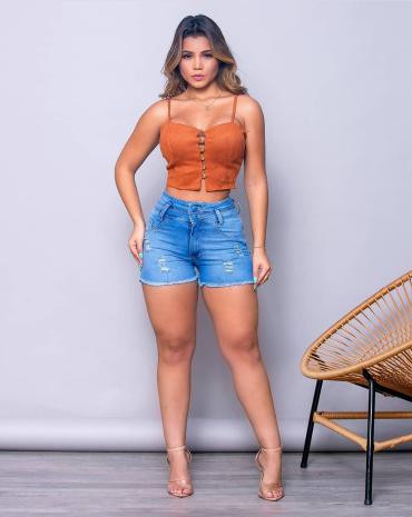 Short Jeans Curto Feminino Levanta Bumbum Com Barra Detalhada